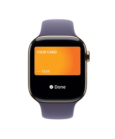 Apple Watch Series 11, в златно, титанов корпус, Apple Pay, дясна външна част, Digital Crown, Sport Band цвят лилава мъгла