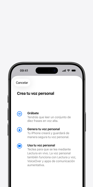 Pantalla de un iPhone 17 Pro que muestra la funcionalidad Voz Personal con instrucciones sobre cómo crearla
