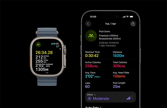 Apple Watch Ultra 3, přírodní barva, titanové pouzdro, ukazatele cvičení Plavání v bazénu, úplná analýza na spárovaném iPhonu