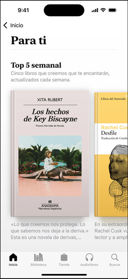 La pantalla de un iPhone muestra la sección Para ti en la app Libros. Se ve el Top 5 semanal