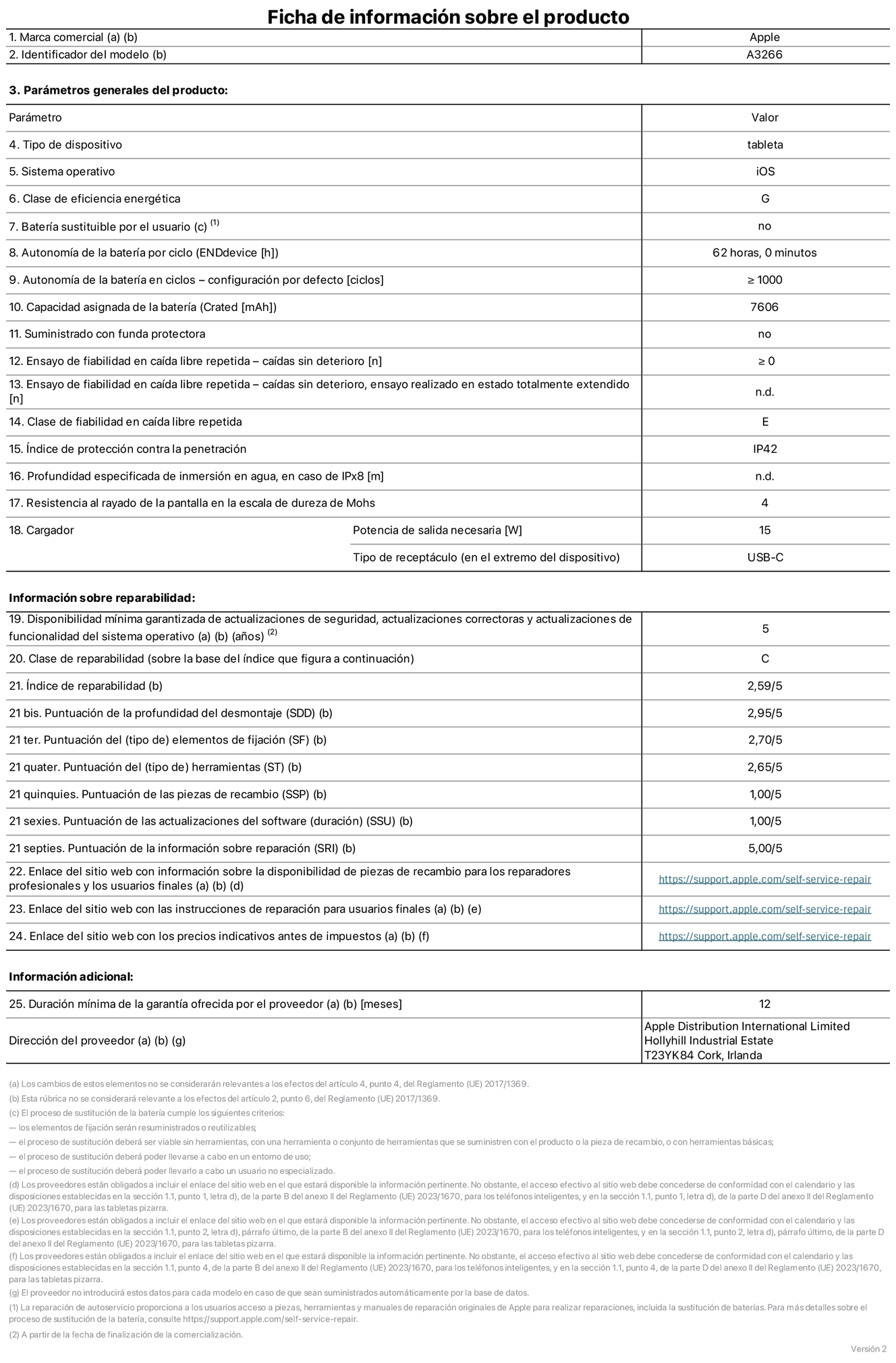 Ficha de información sobre el producto del iPad Air Wi‑Fi de 11 pulgadas. Modelo A3266. Suministrado por Apple UK Ltd, New Bridge Street, 100, EC4V 6JA Londres. Tipo de dispositivo: Tablet. Sistema operativo: iOS. Clase de eficiencia energética para el rango dinámico estándar: G. Autonomía de la batería 62 horas. Autonomía de la batería en ciclos: ≥ 1.000. Capacidad asignada de la batería: 7.606 mAh. Caídas sin deterioro en ensayo de fiabilidad en caída libre repetida: ≥ 0. Clase de fiabilidad en caída libre repetida: E. Índice de protección contra la penetración: IP42 Resistencia al rayado de la pantalla en la escala de dureza de Mohs: 4. Potencia de salida necesaria del cargador: 15 W. Tipo de receptáculo del cargador: USB‑C. Disponibilidad mínima garantizada de actualizaciones de seguridad, correctoras y de funcionalidad del sistema operativo: 5 años. Clase de reparabilidad: C. Índice de reparabilidad: 2,59/5. Puntuación de la profundidad del desmontaje: 2,95/5. Puntuación de los elementos de fijacion: 2,70/5. Puntuación de las herramientas: 2,65/5. Puntuación de las piezsa de recambio: 1/5. Puntuación de las actualizaciones de software: 1/5. Puntuación de las información sobre reparación: 5/5. Enlace del sitio web con información sobre la disponibilidad de piezas de recambio para reparadores profesionales y usuarios finales: https://support.apple.com/self-service-repair. Enlace del sitio web con las instrucciones de reparación para usuarios finales: https://support.apple.com/self-service-repair. Enlace del sitio web con los precios indicativos antes de impuestos: https://support.apple.com/self-service-repair. Se ofrece una garantía general de 12 meses.