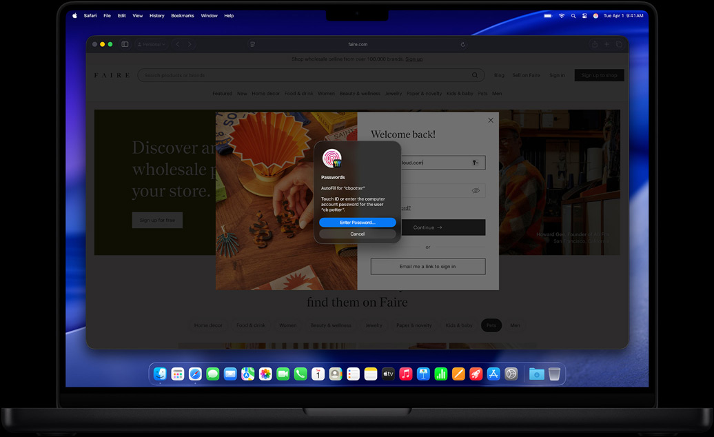Een gebruiker is aan het internetten in Safari en krijgt de optie om zich met Touch ID bij een website aan te melden