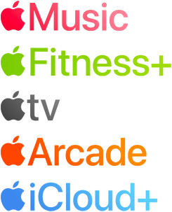 Uma lista de serviços Apple: Apple Music, Apple Fitness Plus, Apple TV, Apple Arcade e Apple iCloud Plus