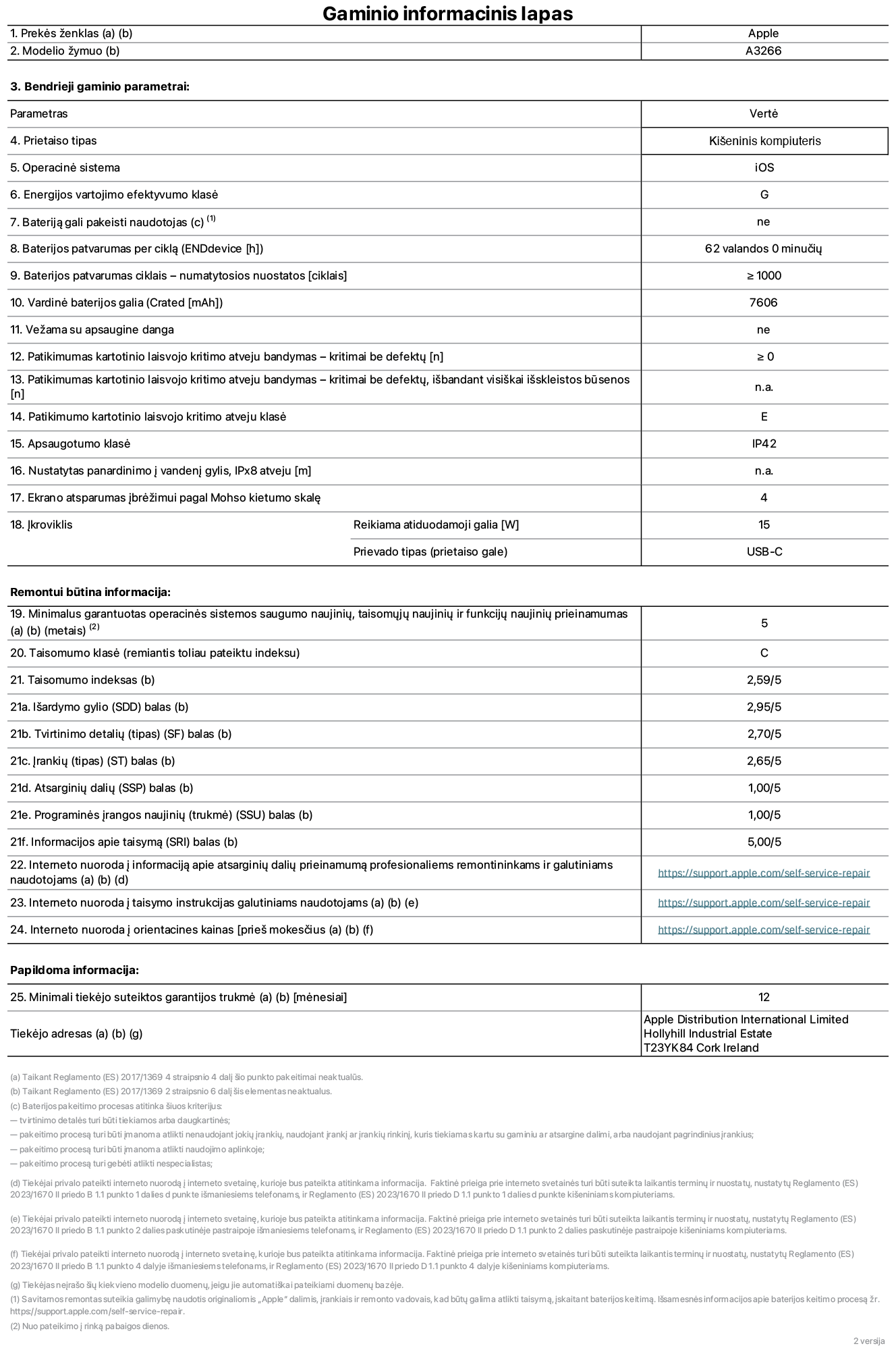 Gaminio informacinis lapas, 11 colių „iPad Air Wi-Fi“. Modelis A3266. Pateikė „Apple UK Ltd“, 100 New Bridge Street, Londonas EC4V 6JA. Prietaiso tipas: planšetinis kompiuteris. Operacinė sistema: „iOS“. Standartinio dinaminio diapazono energijos vartojimo efektyvumo klasė: G. Baterijos patvarumas: 62 valandos. Baterijos patvarumas ciklais: ≥ 1 000. Vardinė baterijos galia: 7&nbsp;606&nbsp;mAh. Patikimumo testas kartotinio laisvojo kritimo atveju – kritimai be defektų: ≥ 0. Patikimumo kartotinio laisvojo kritimo atveju klasė: E. Apsaugotumo klasė: IP42. Ekrano atsparumas įbrėžimui pagal Mohso kietumo skalę: 4. Įkroviklio reikiama atiduodamoji galia: 15 W. Įkroviklio prievado tipas: USB-C. Minimalus garantuotas operacinės sistemos saugumo naujinių, taisomųjų naujinių ir funkcijų naujinių prieinamumas: 5 metai. Taisomumo klasė: C. Taisomumo indeksas: 2,59/5. Išardymo gylio balas: 2,95/5. Tvirtinimo detalių (tipo) balas: 2,70/5. Įrankių balas: 2,65/5. Atsarginių dalių balas: 1,00/5. Programinės įrangos naujinių balas: 1,00/5. Informacijos apie taisymą balas: 5,00/5. Interneto nuoroda į informaciją apie atsarginių dalių prieinamumą profesionaliems remontininkams ir galutiniams naudotojams: https://support.apple.com/self-service-repair. Interneto nuoroda į taisymo instrukcijas galutiniams naudotojams: https://support.apple.com/self-service-repair. Nuoroda į orientacines kainas prieš mokesčius: https://support.apple.com/self-service-repair. Siūloma 12 mėnesių bendroji garantija.
