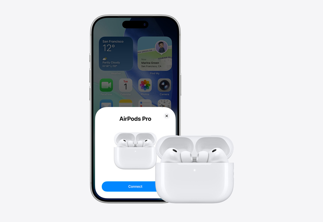 iPhone front exterior, AirPods connection pop-up on screen, AirPods in open case next to iPhone