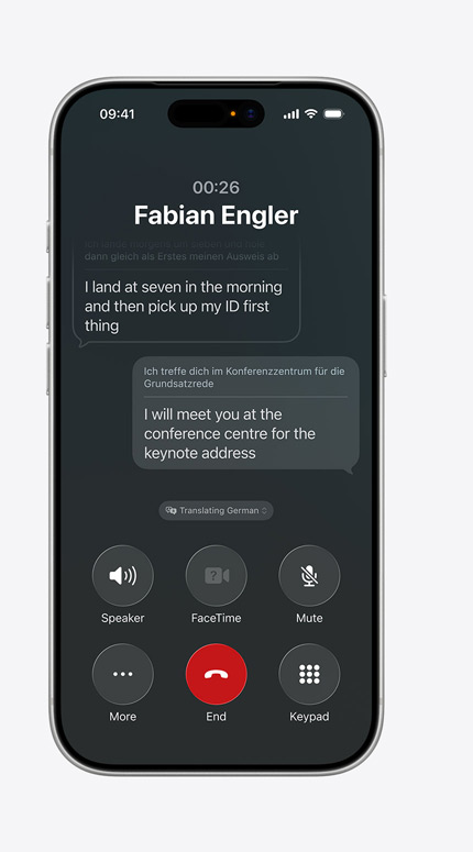 iPhone screen showing Live Translation translating a message from German to English