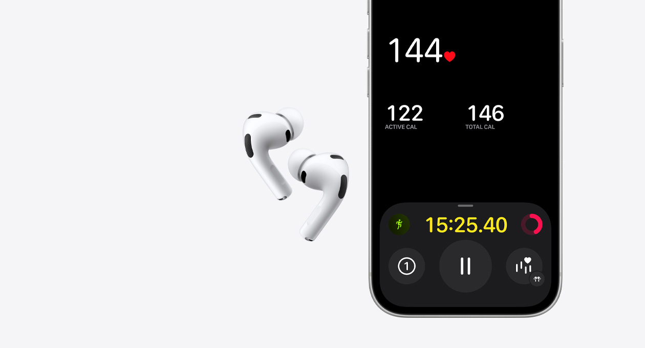 AirPods Pro 3, valkoinen väri, iPhone 17 Pron näytön alempi puolisko, Kuntoilu-appi, sykkeentunnistus-ominaisuus