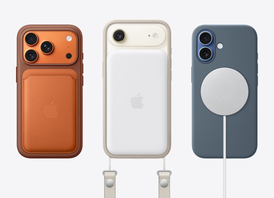 Vedľa seba, nové modely iPhonu s doplnkami, napríklad s peňaženkou z tkaniny FineWoven s MagSafe, batéria MagSafe a crossbody popruh