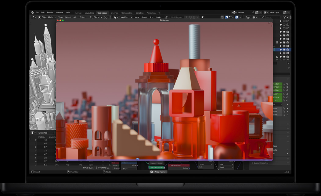 Pantalla de una MacBook Pro en la que se está usando Blender para crear una animación 3D