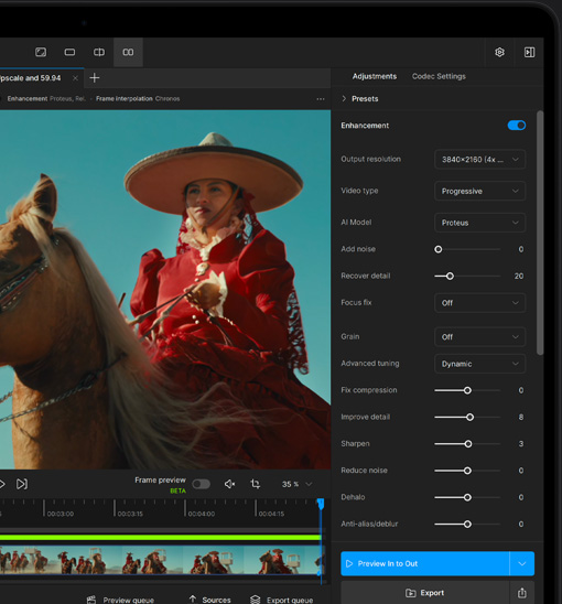 Pantalla de una MacBook Pro que muestra un video siendo mejorado con IA en Topaz Video
