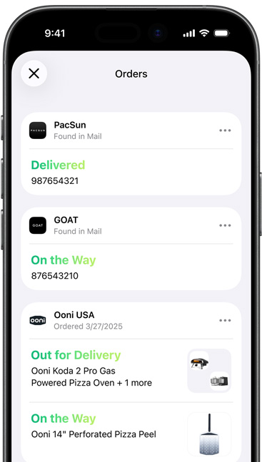 Order information and organized emails related to the order within Apple Wallet on iPhone screen